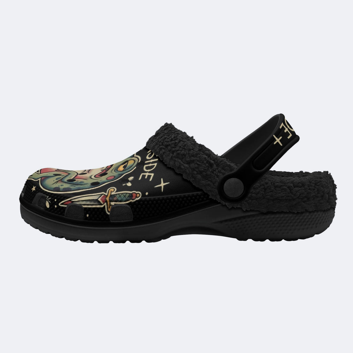Frog Old-school Tattoo & Slogan Print Fleece-Lined Clogs