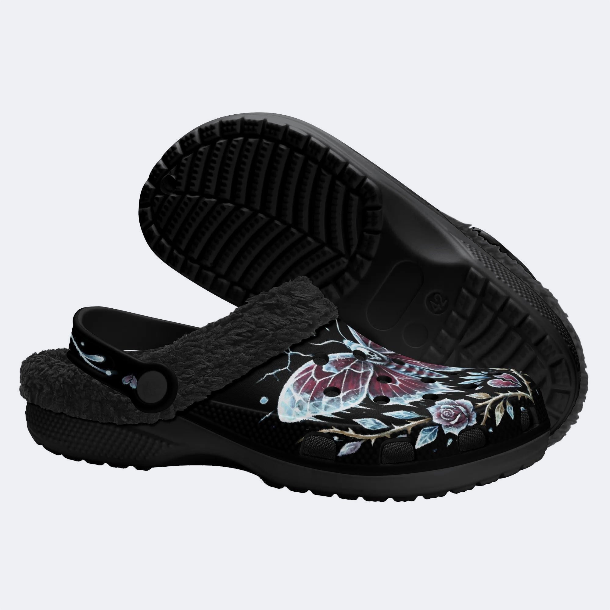 Ice Crystal Garland Death Moth Print Fleece-Lined Clogs