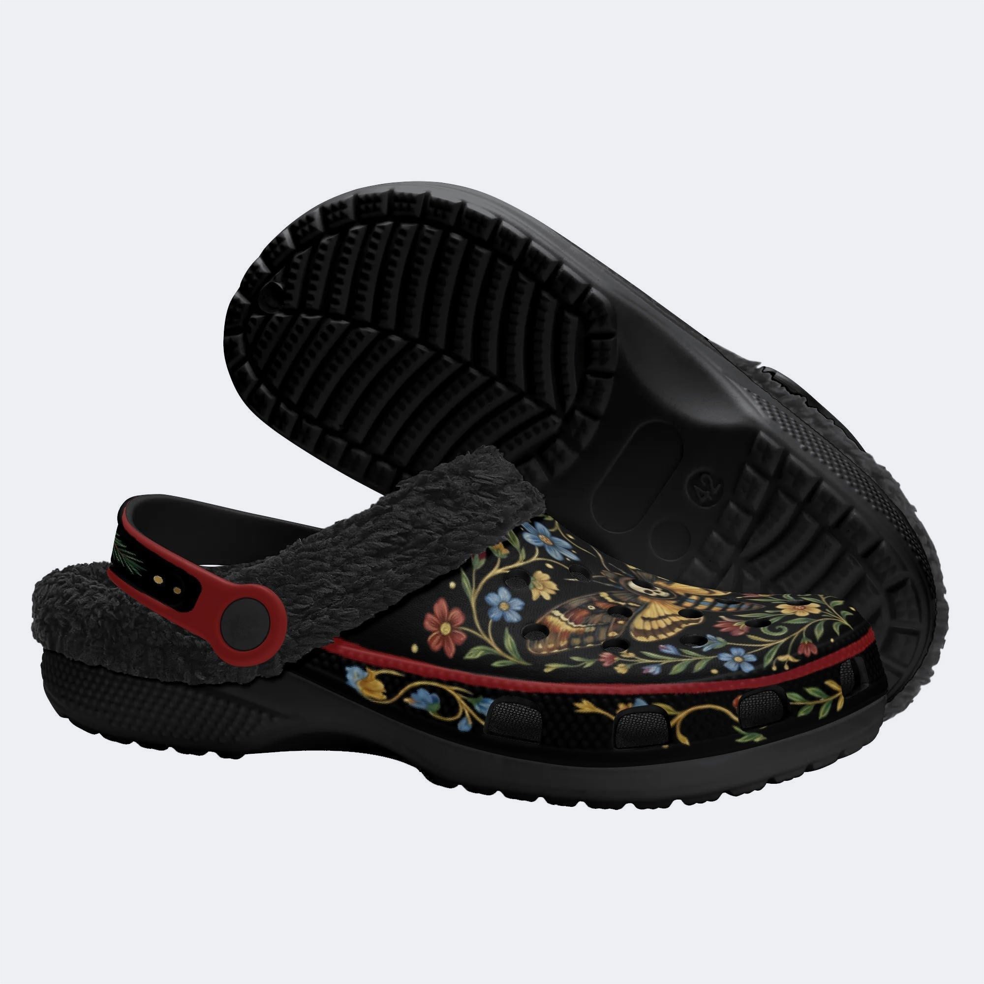 Death Moth Vintage Wreath Print Fleece-Lined Clogs