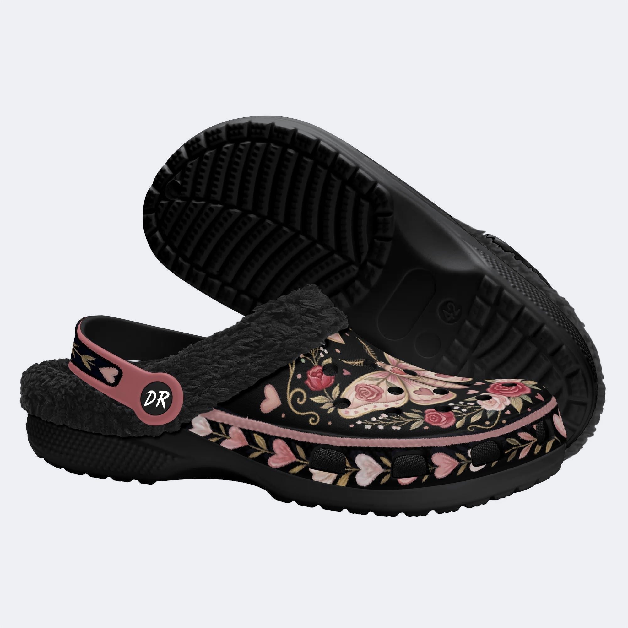 Romantic Wreath Moth Print Fleece-Lined Clogs