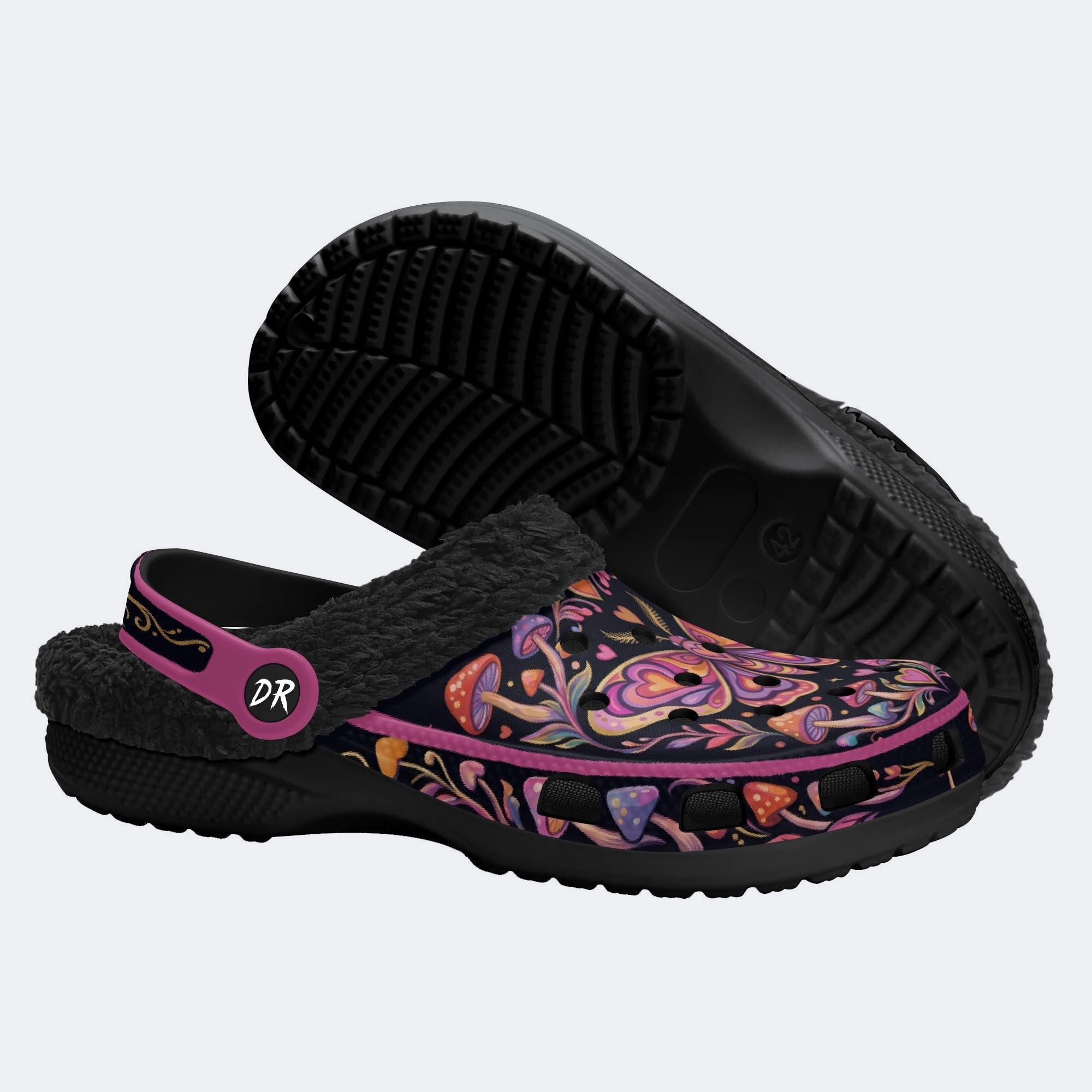 Psychedelic Mushroom & Moth Print Fleece-Lined Clogs
