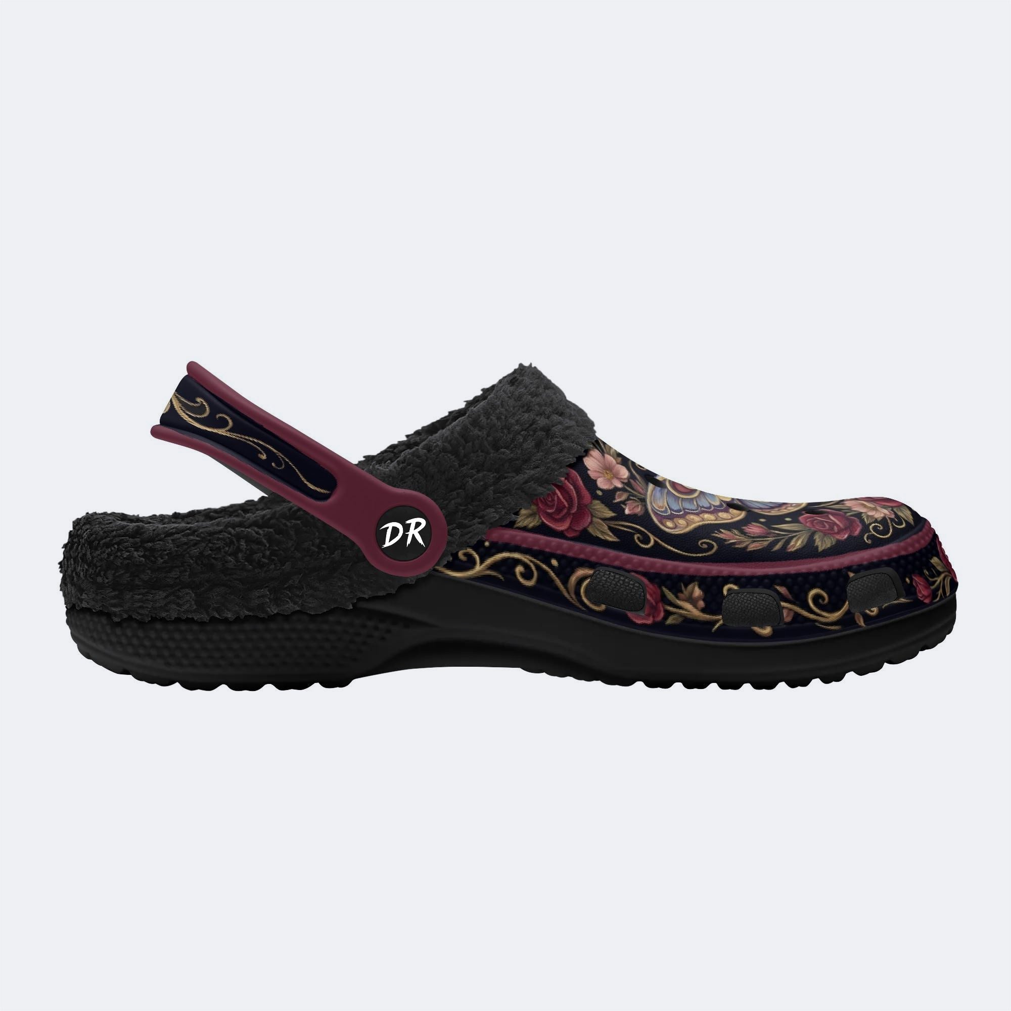 Moth Rose Wreath Print Fleece-Lined Clogs