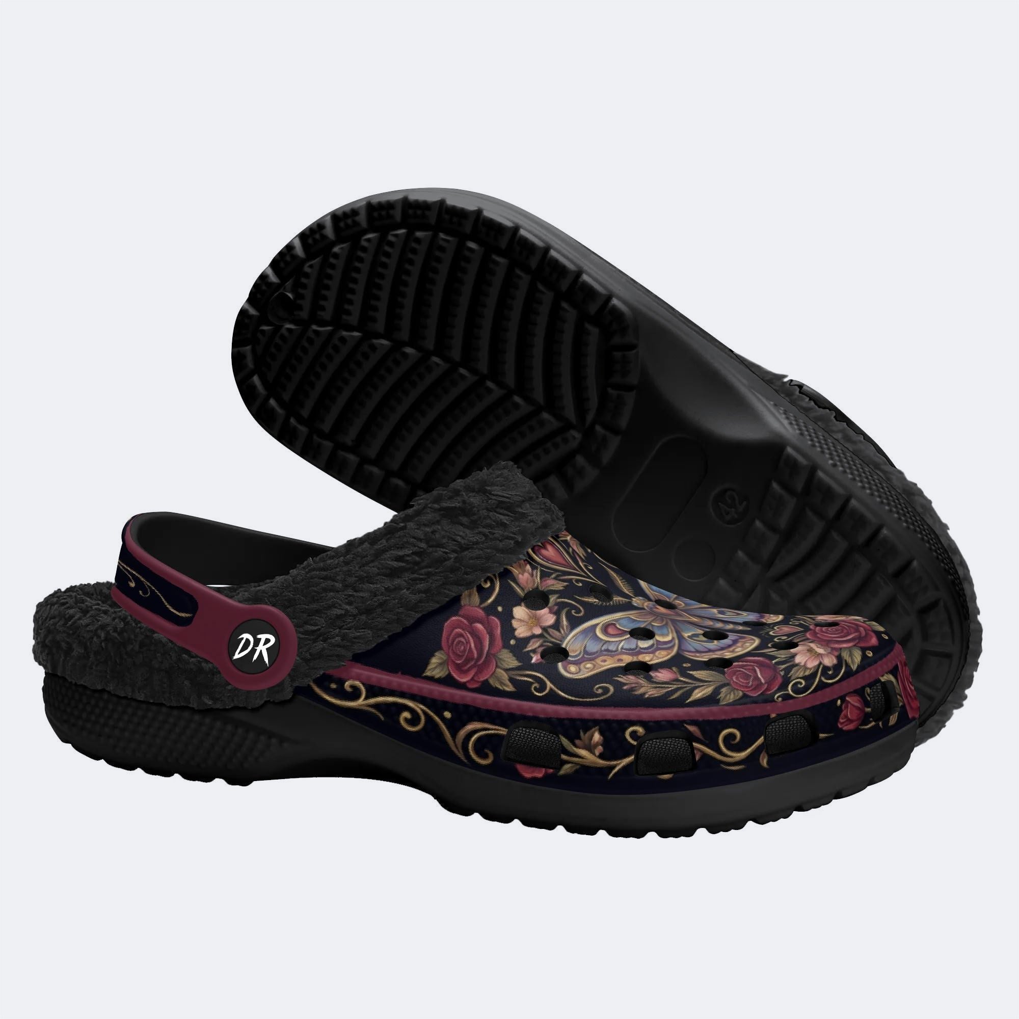 Moth Rose Wreath Print Fleece-Lined Clogs