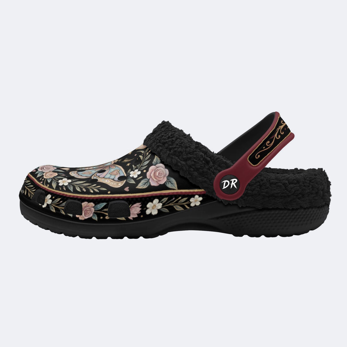 Romantic Wreath Moth Print Fleece-Lined Clogs