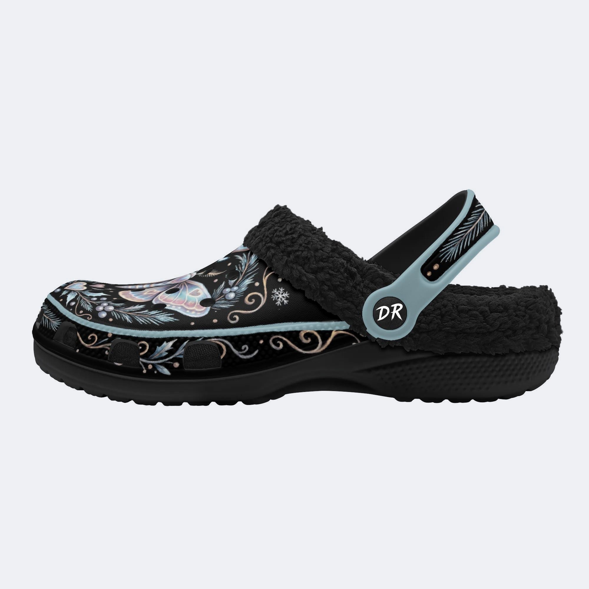 Ice Crystal Wreath Moth Print Fleece-Lined Clogs