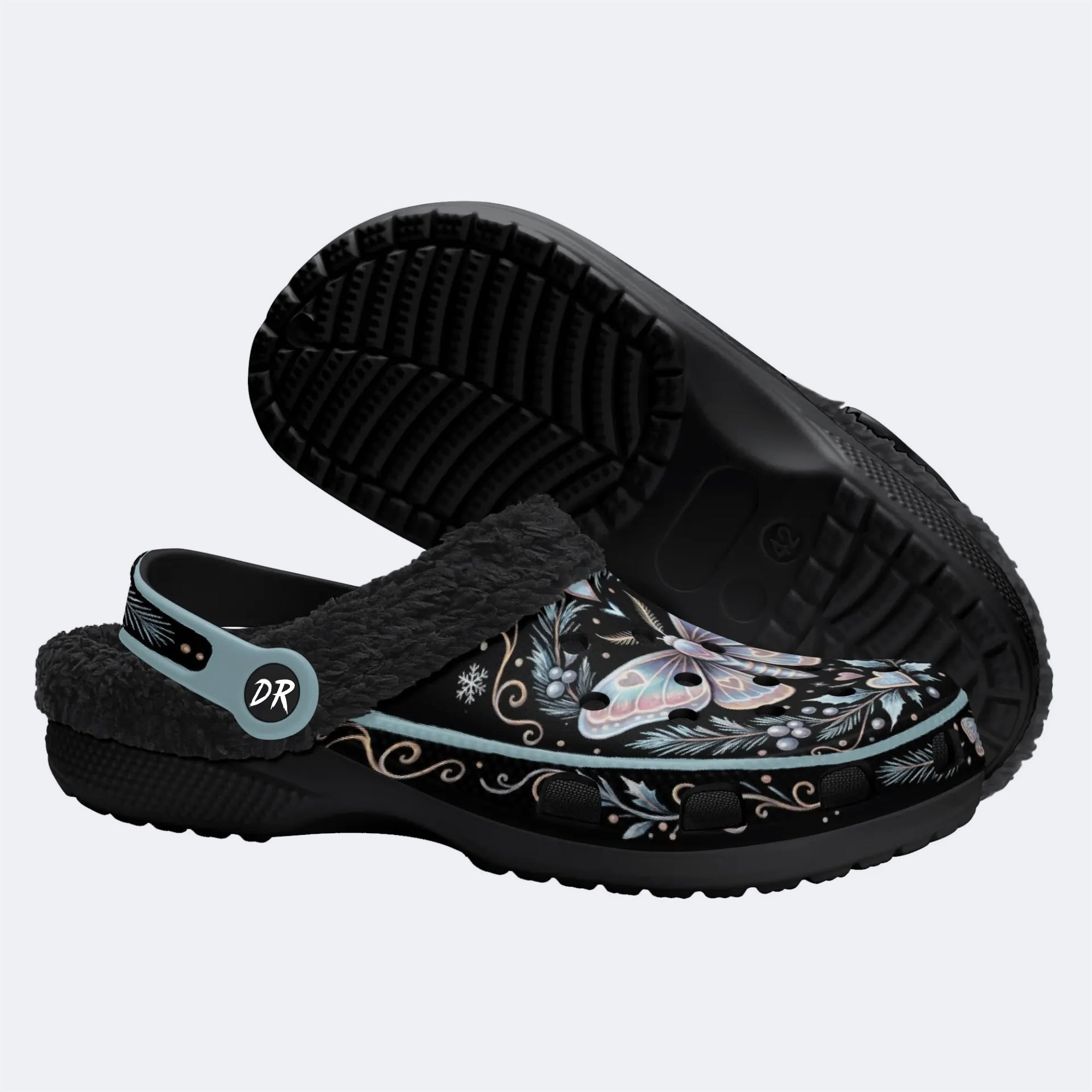 Ice Crystal Wreath Moth Print Fleece-Lined Clogs