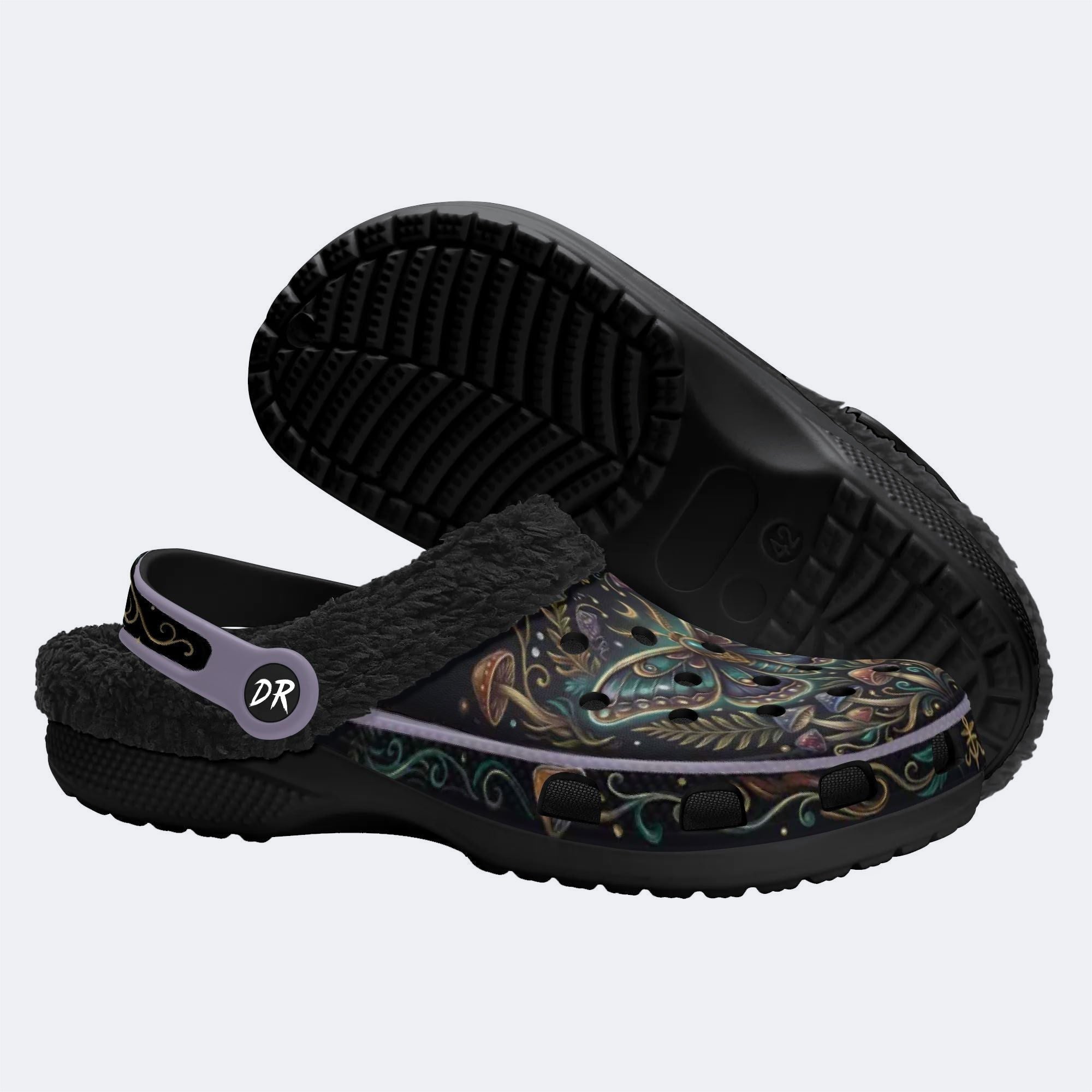 Vintage Psychedelic Moth Mushroom Wreath Print Fleece-Lined Clogs