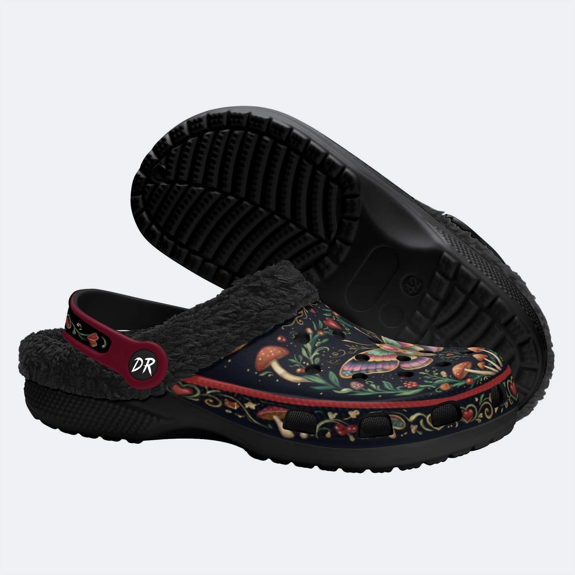 Vintage Psychedelic Moth Mushroom Wreath Print Fleece-Lined Clogs