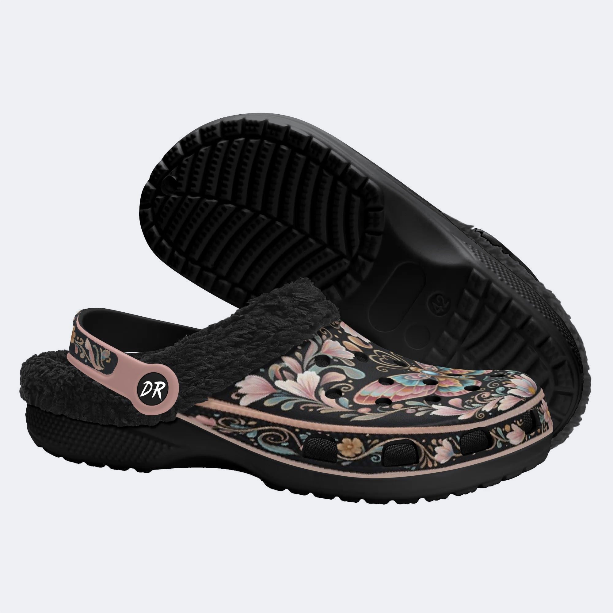 Jewel Moth Wreath Print Fleece-Lined Clogs