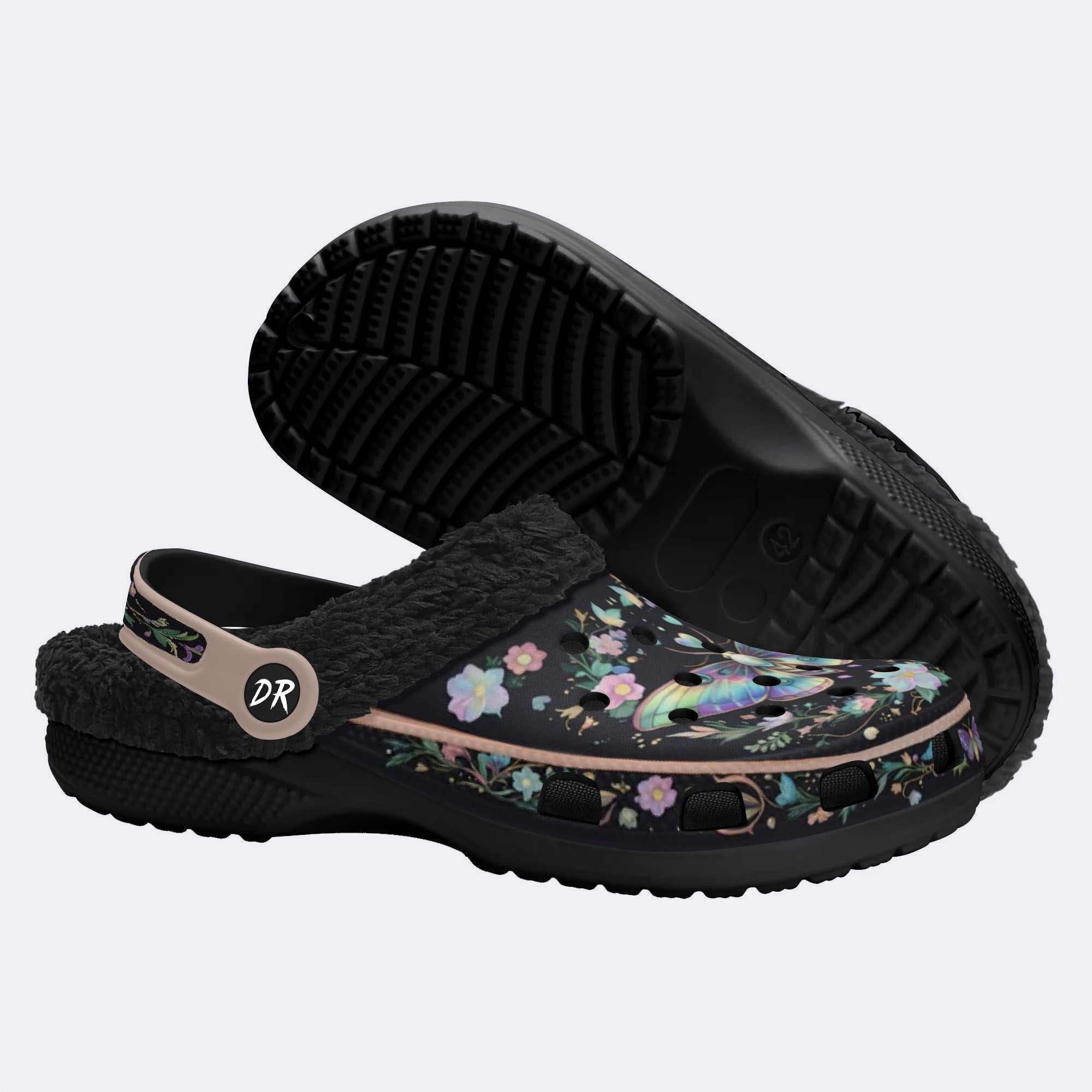 Jewel Moth Wreath Print Fleece-Lined Clogs