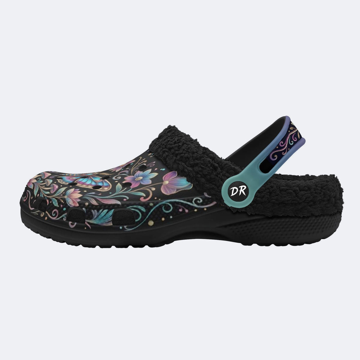 Iridescent Romantic Jewel Moth Print Fleece-Lined Clogs