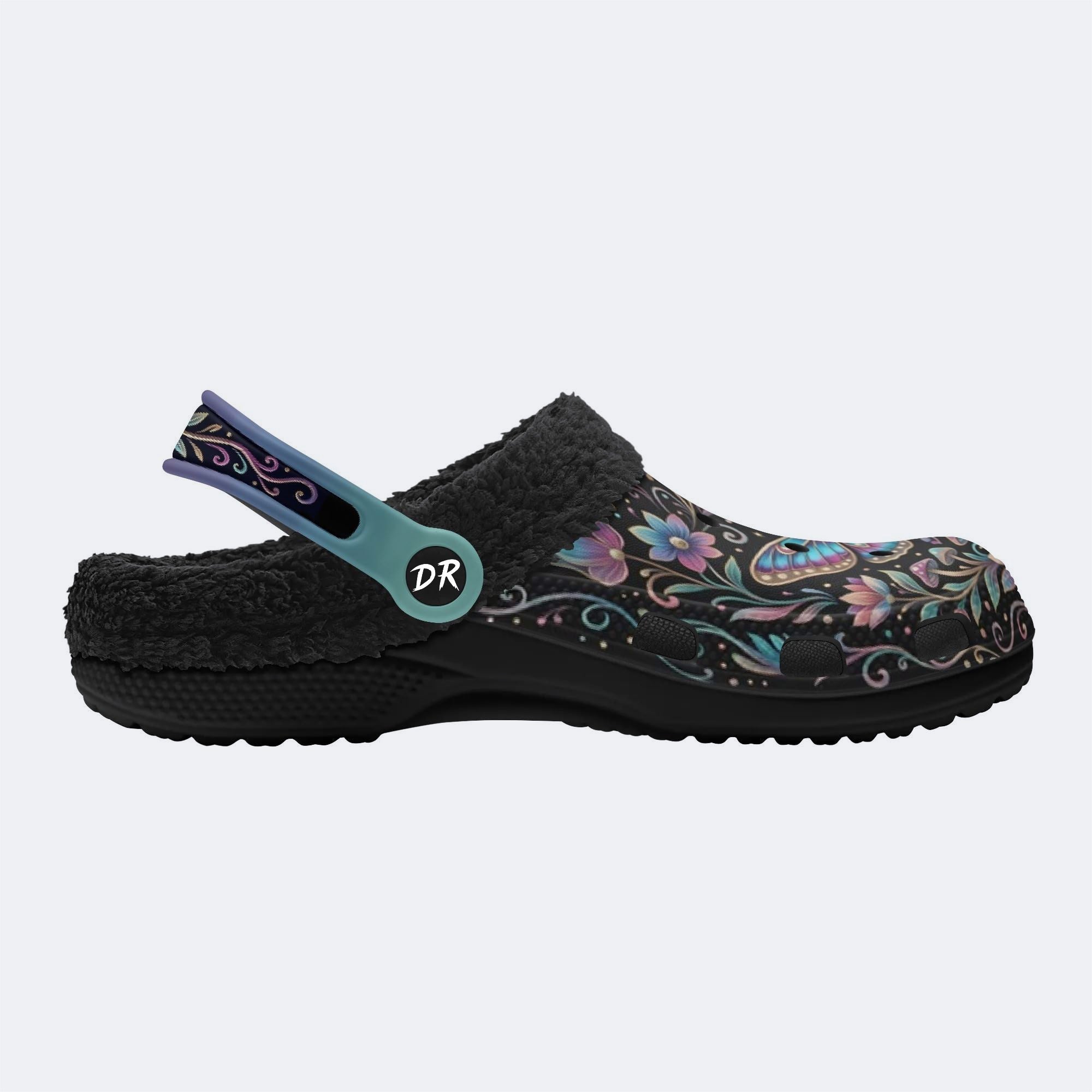Iridescent Romantic Jewel Moth Print Fleece-Lined Clogs