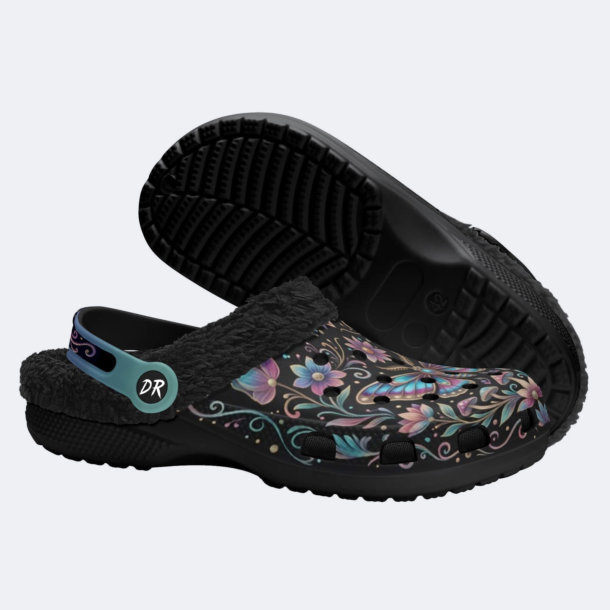 Iridescent Romantic Jewel Moth Print Fleece-Lined Clogs