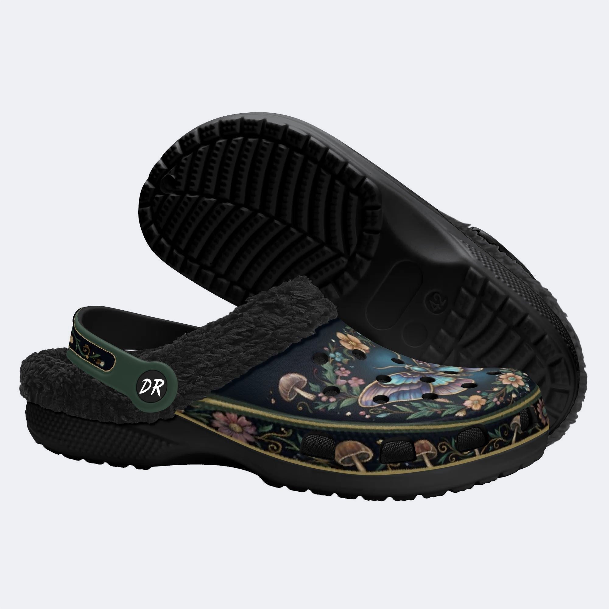 Vintage Moth Twilight Wreath Print Fleece-Lined Clogs