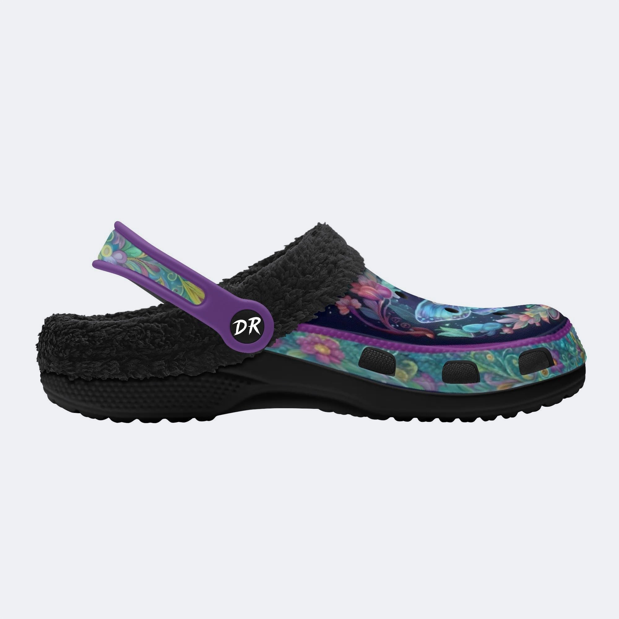 Flowing Floral Field Celestial Moth Print Fleece-Lined Clogs