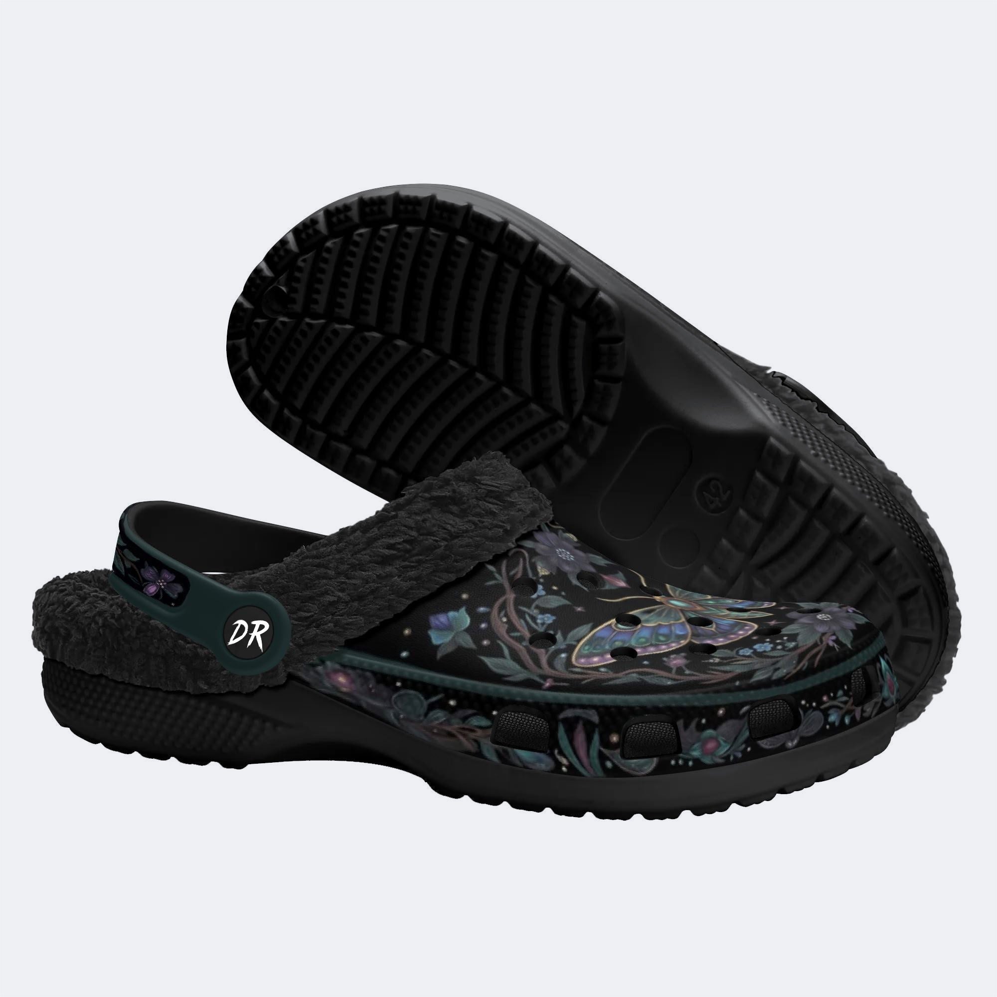 Dark Gothic Moth Wreath Print Fleece-Lined Clogs