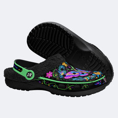 Fluorescent Moth Wreath Print Fleece-Lined Clogs