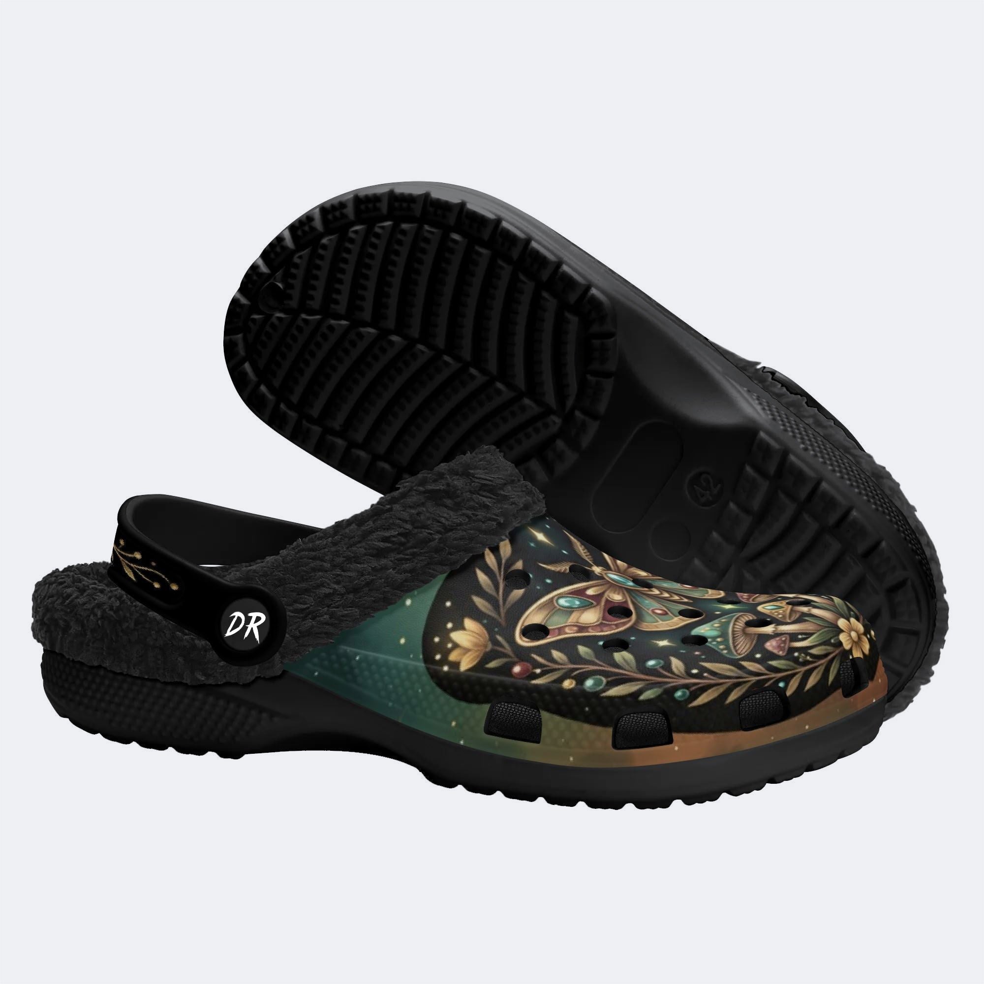 Jewel Moth Vintage Wreath Print Fleece-Lined Clogs