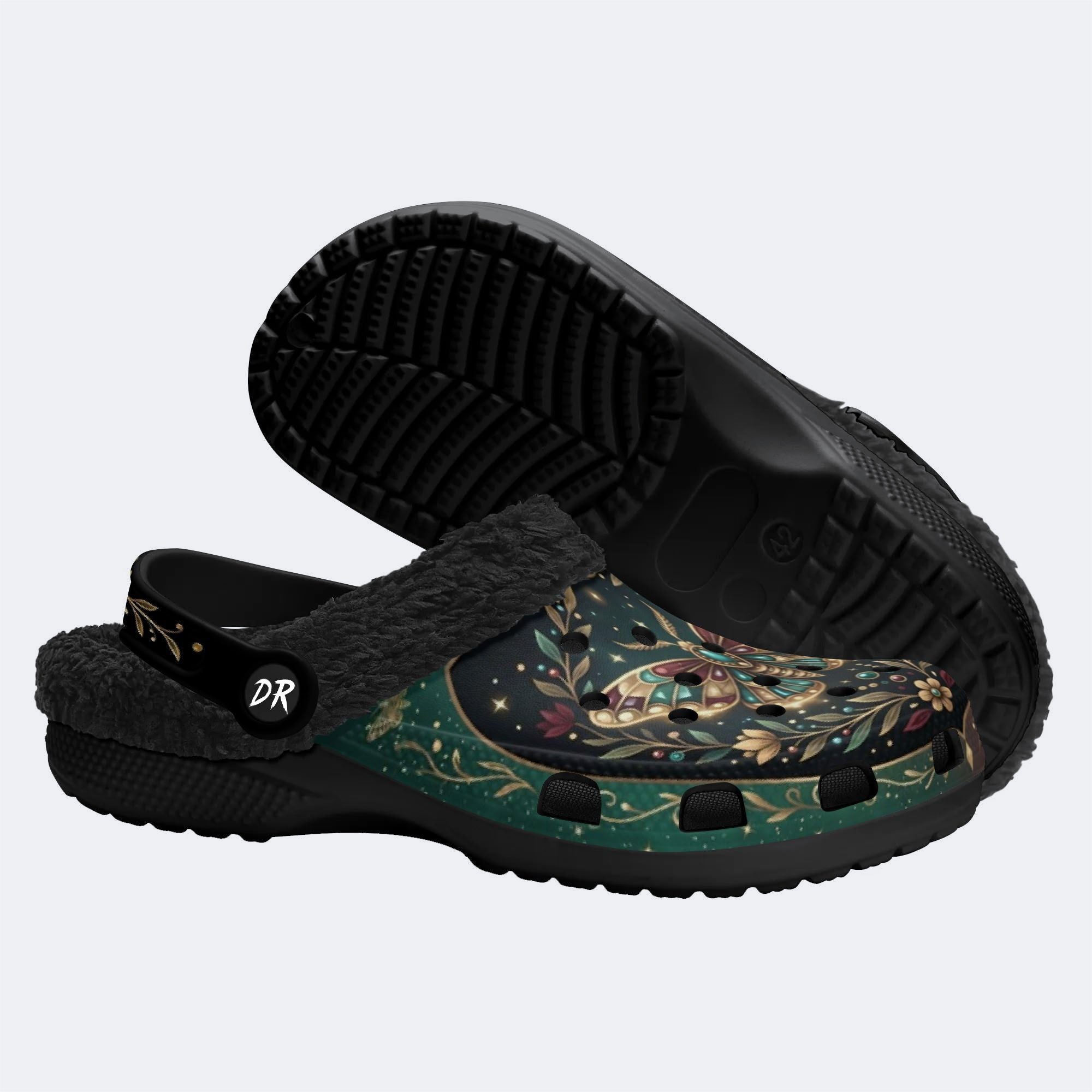 Jewel Moth Vintage Wreath Print Fleece-Lined Clogs