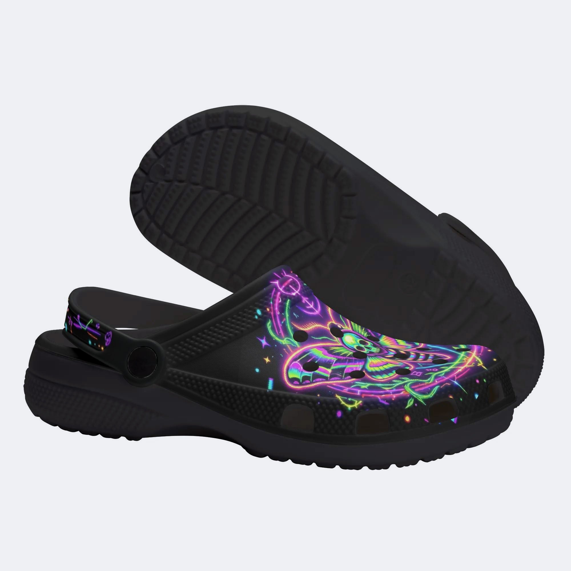 Neon Psychedelic Death Moth Print Fleece-Lined Clogs