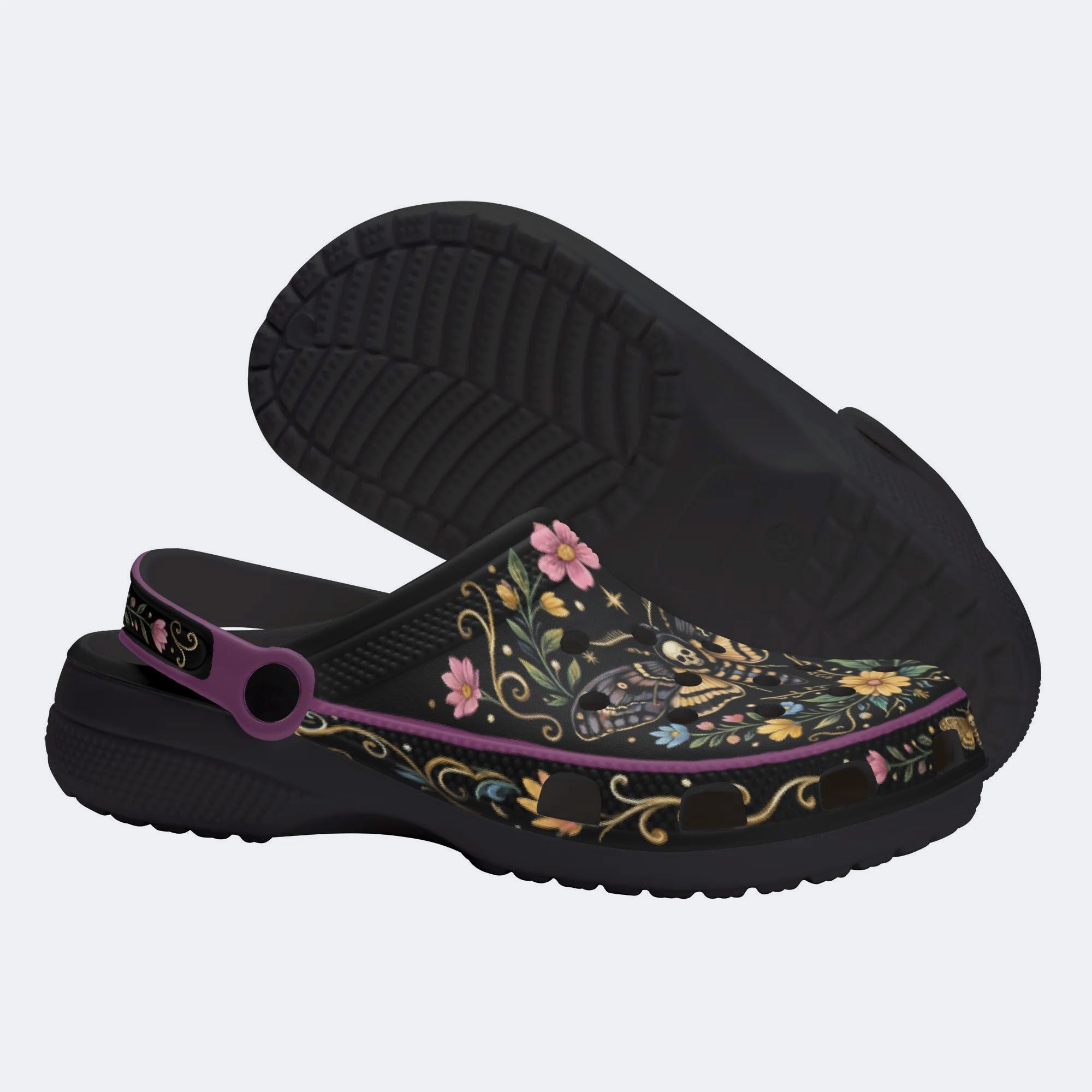 Death Moth Vintage Wreath Print Clogs