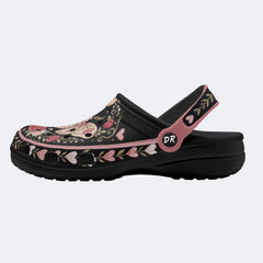 Romantic Wreath Moth Print Fleece-Lined Clogs