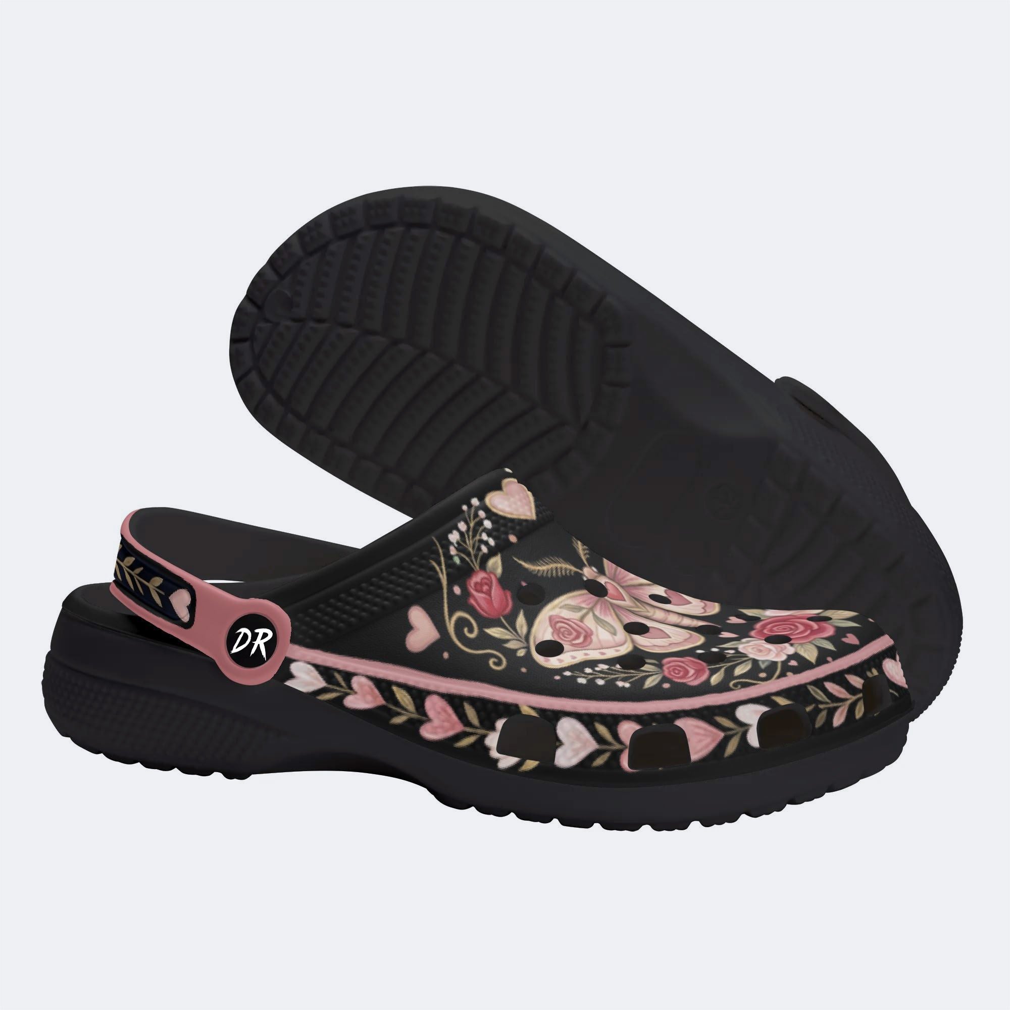 Romantic Wreath Moth Print Fleece-Lined Clogs