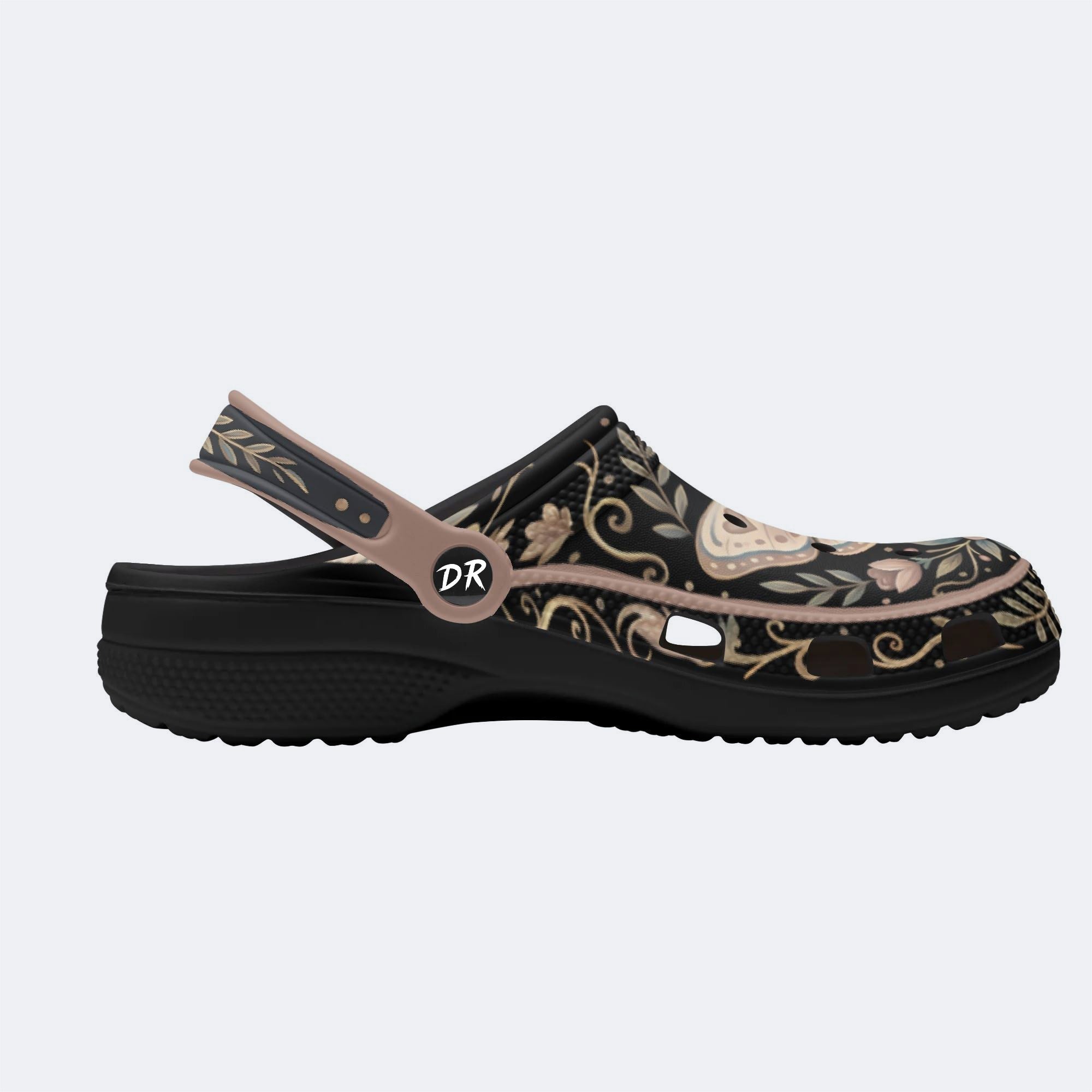 Rose Wreath Moth Print Fleece-Lined Clogs