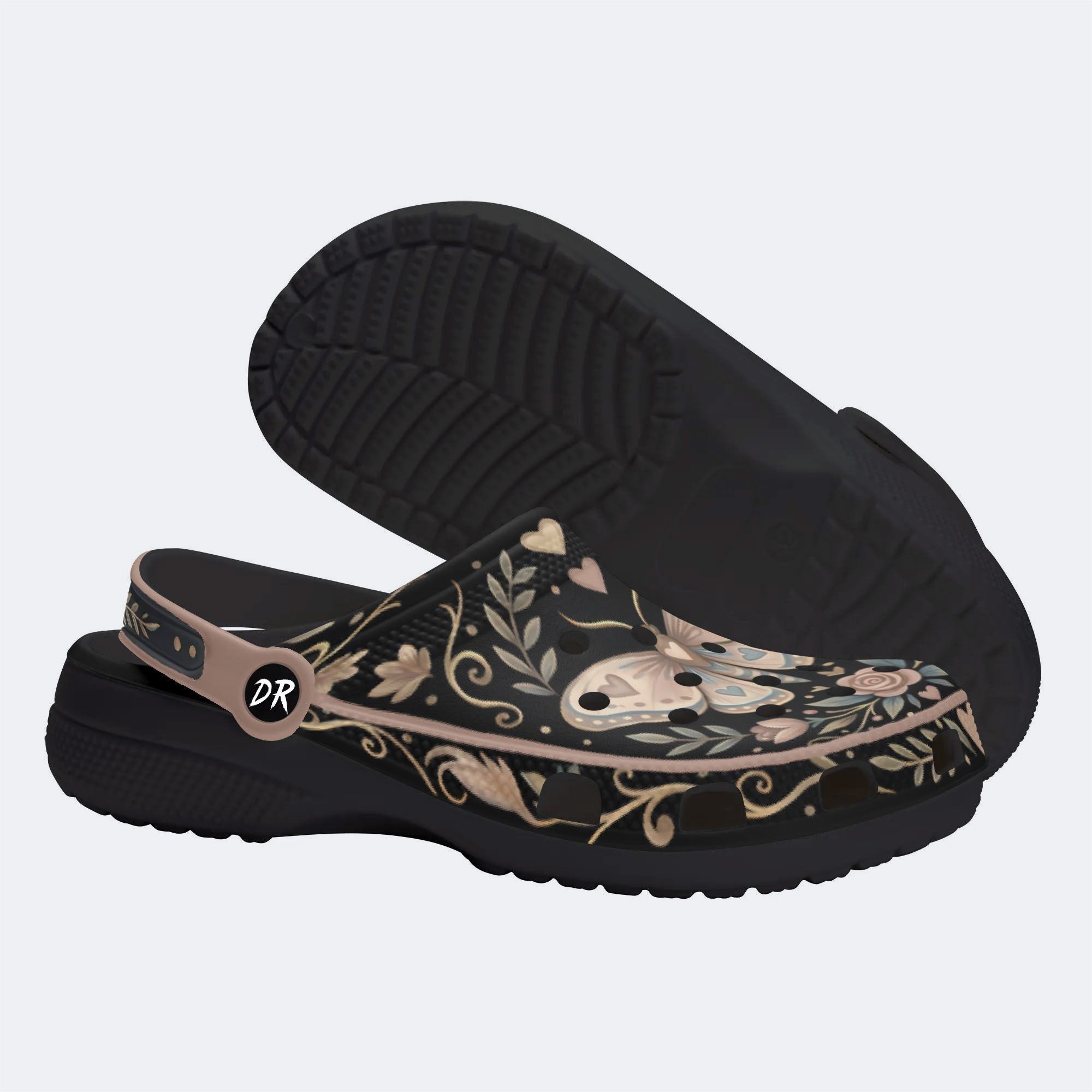 Rose Wreath Moth Print Fleece-Lined Clogs