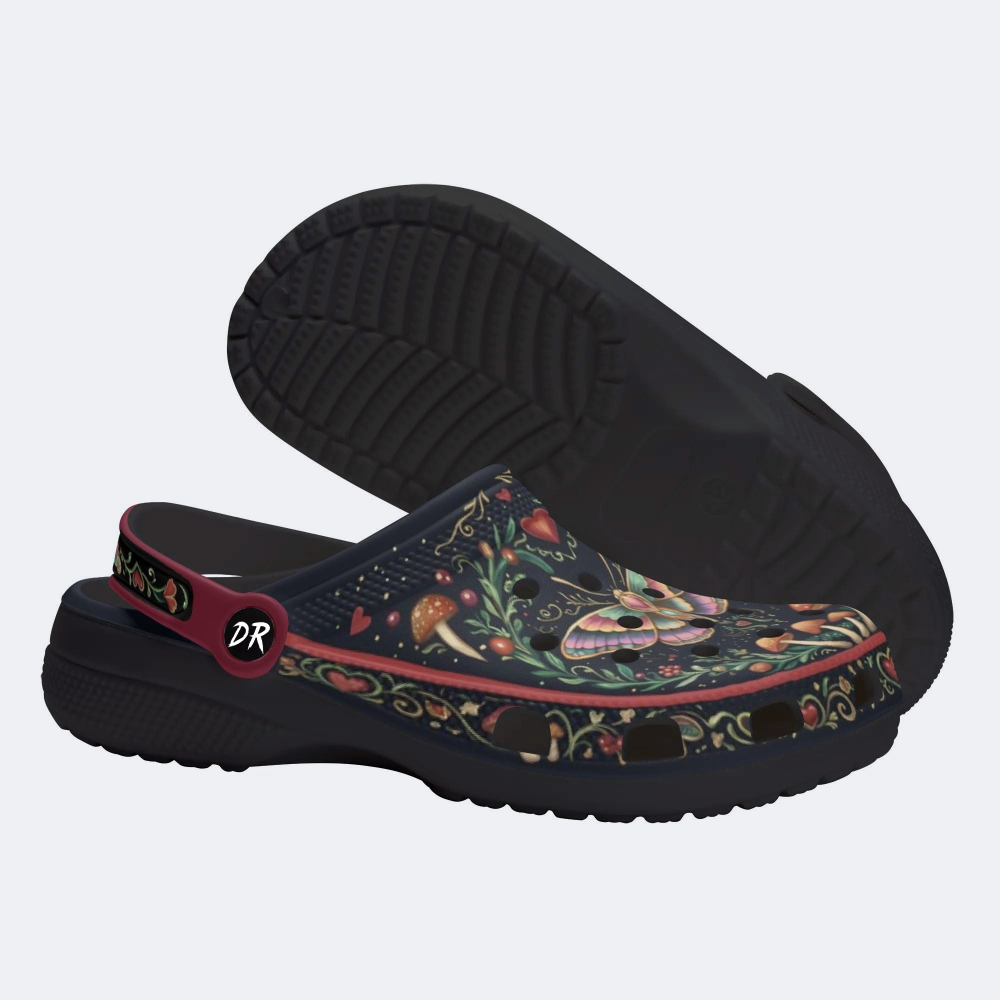 Vintage Psychedelic Moth Mushroom Wreath Print Clogs