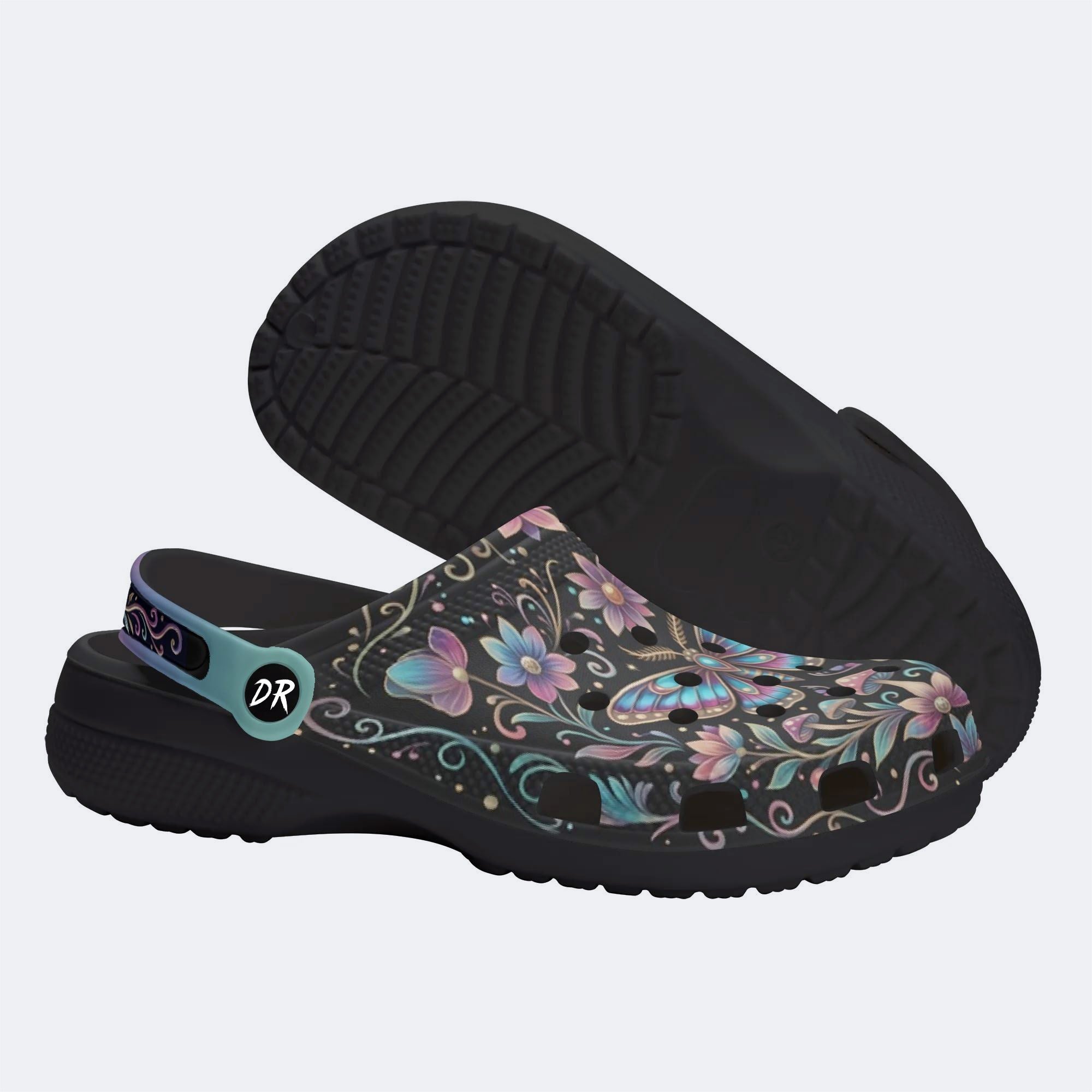 Iridescent Romantic Jewel Moth Print Clogs