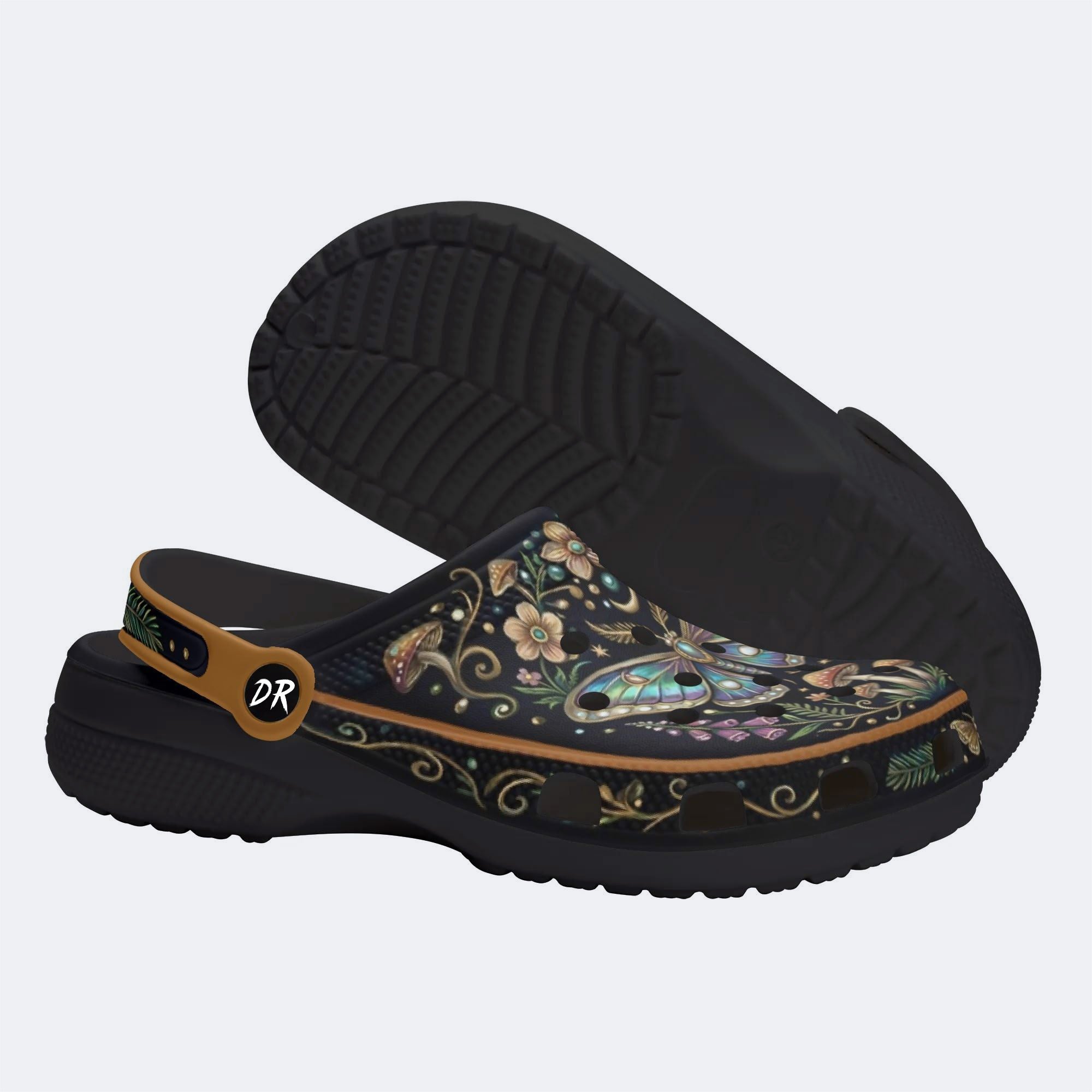 Iridescent Moth Mushroom Wreath Print Fleece-Lined Clogs