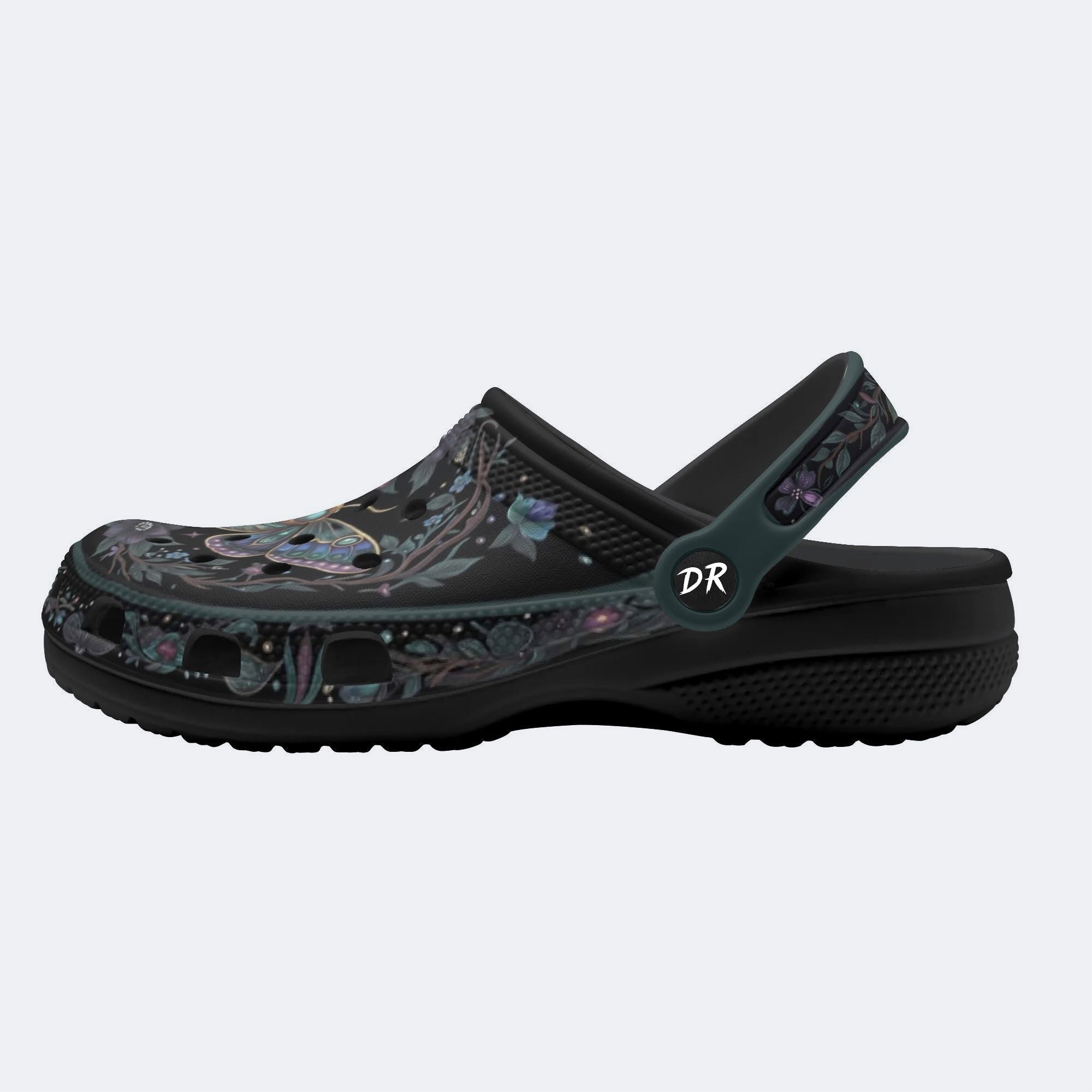 Dark Gothic Moth Wreath Print Fleece-Lined Clogs