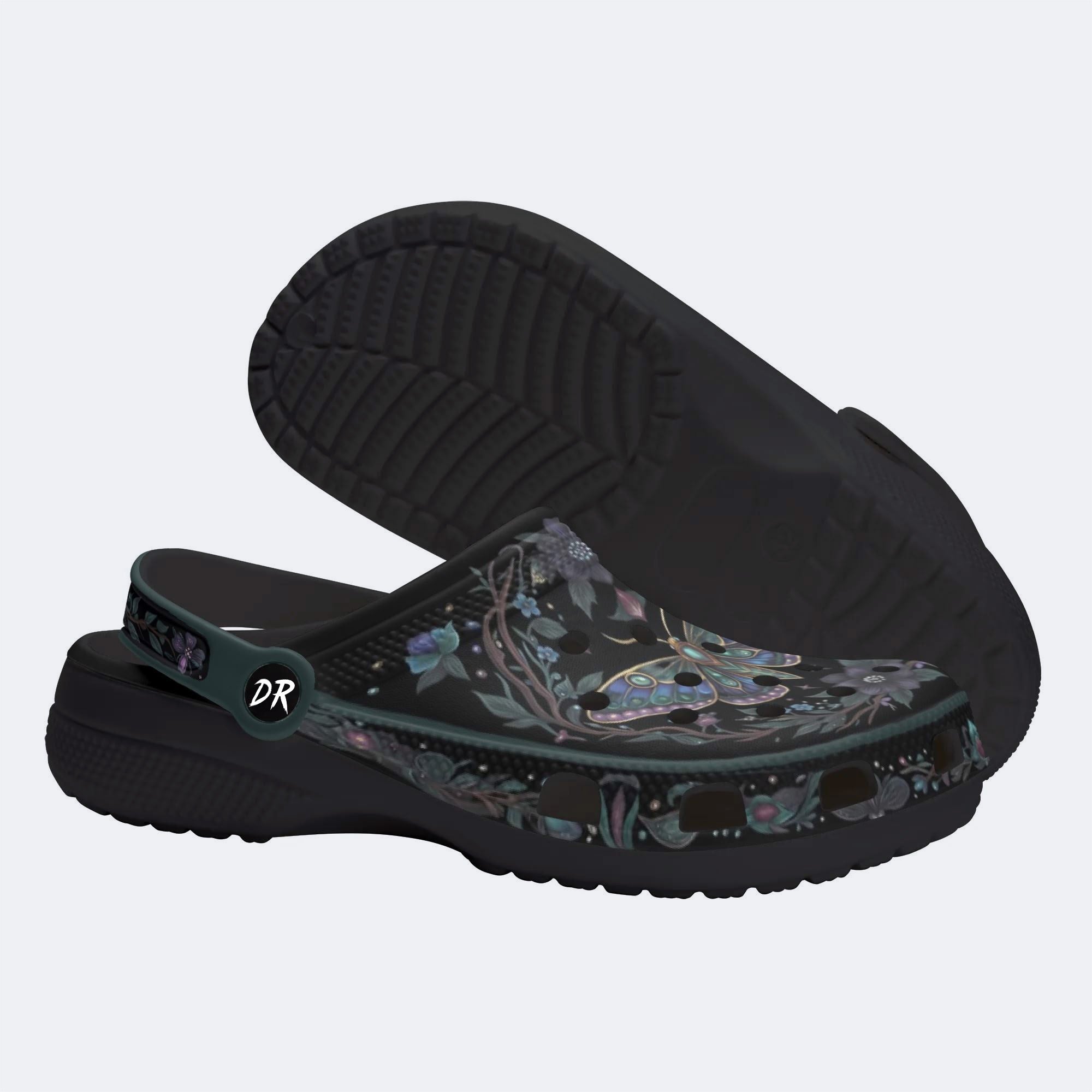 Dark Gothic Moth Wreath Print Clogs