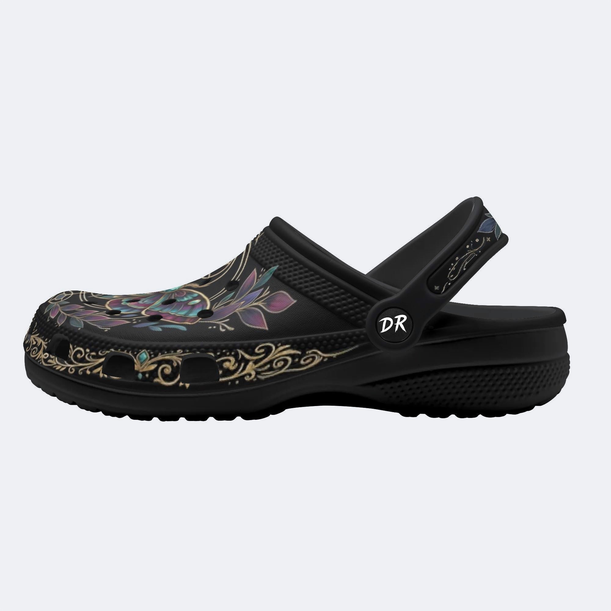 Dark Gothic Moth Wreath Print Fleece-Lined Clogs