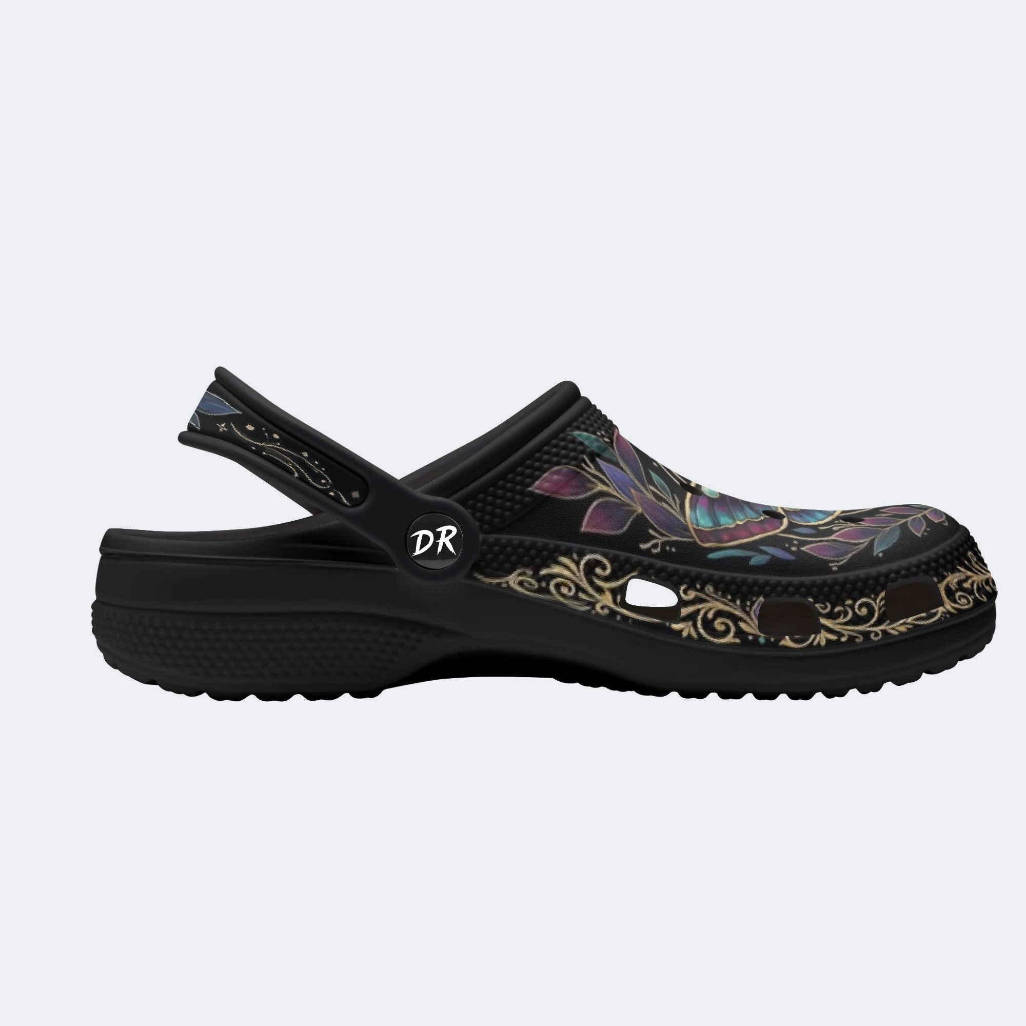 Dark Gothic Moth Wreath Print Fleece-Lined Clogs
