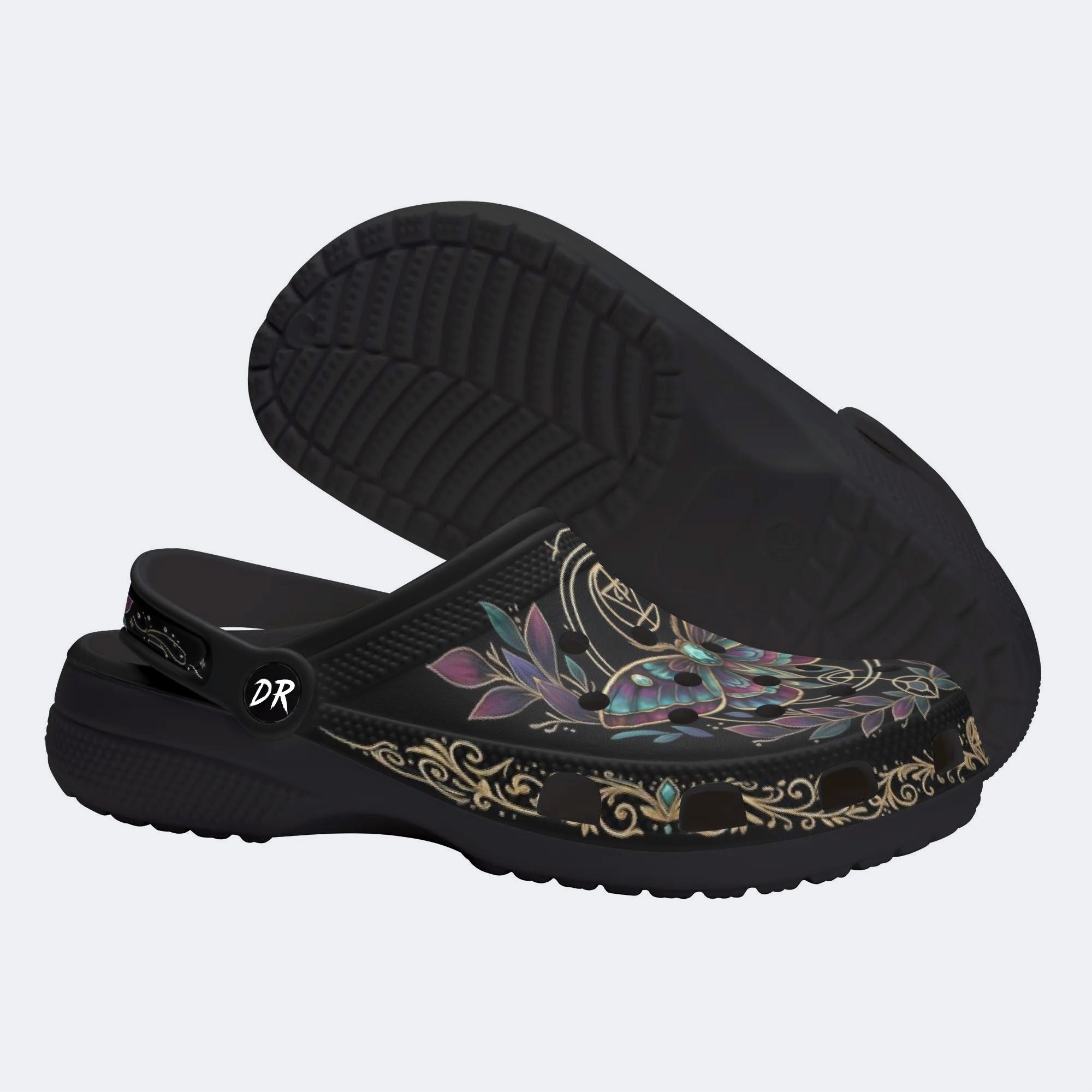 Dark Gothic Moth Wreath Print Clogs