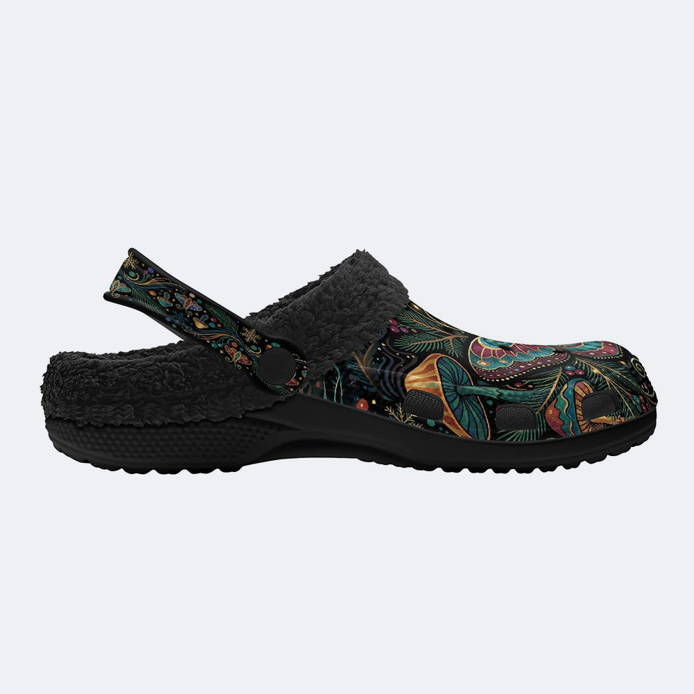 Mushroom Forest Moth Vintage Floral Wreath Print Fleece-Lined Clogs