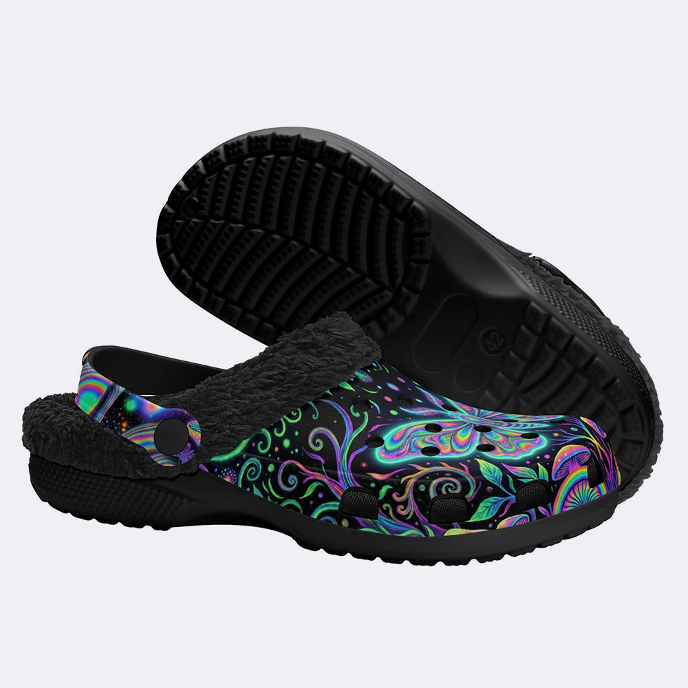 Neon Blue Green Psychedelic Moth Fleece-Lined Clogs