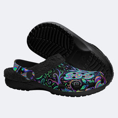 Neon Blue Green Psychedelic Moth Fleece-Lined Clogs