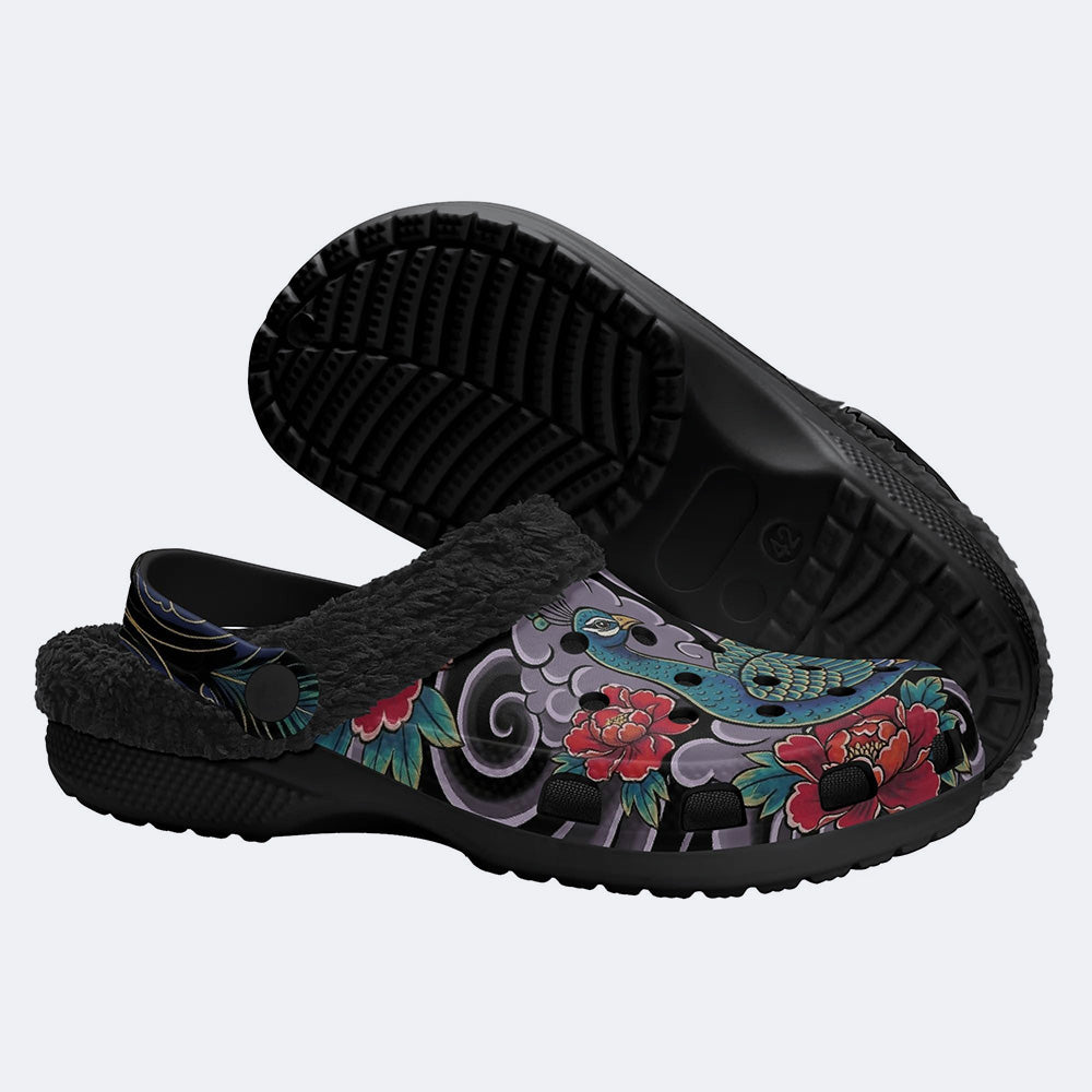 Irezumi Peacock in the Clouds Print Fleece-Lined Clogs